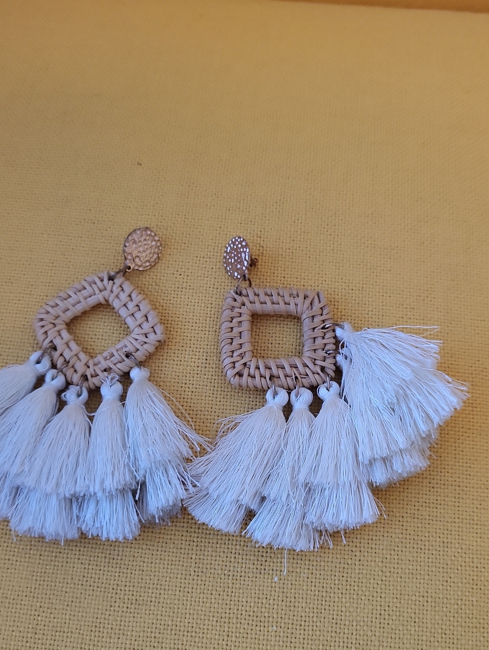 Boho White Tassel Woven Square Drop Earrings